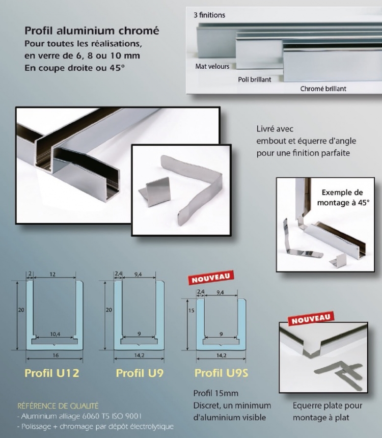 Profil U12 alu chromé brillant avec embout et équerre longueur de 3000mm