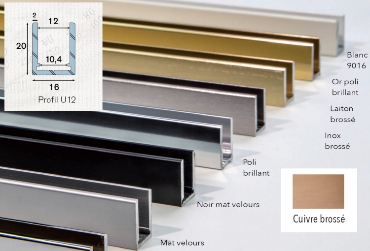 Profil U12 alu fintion Cuivre brossé avec 2 embouts et équerre longueur de 3000mm