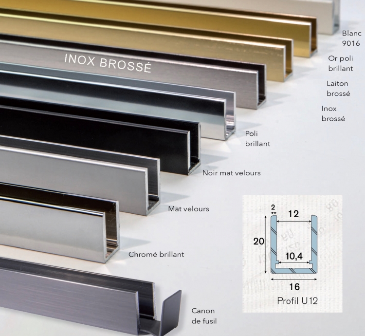 photo info Profil U12 alu aspect inox bross&eacute; avec embout et &eacute;querre longueur de 3000mm