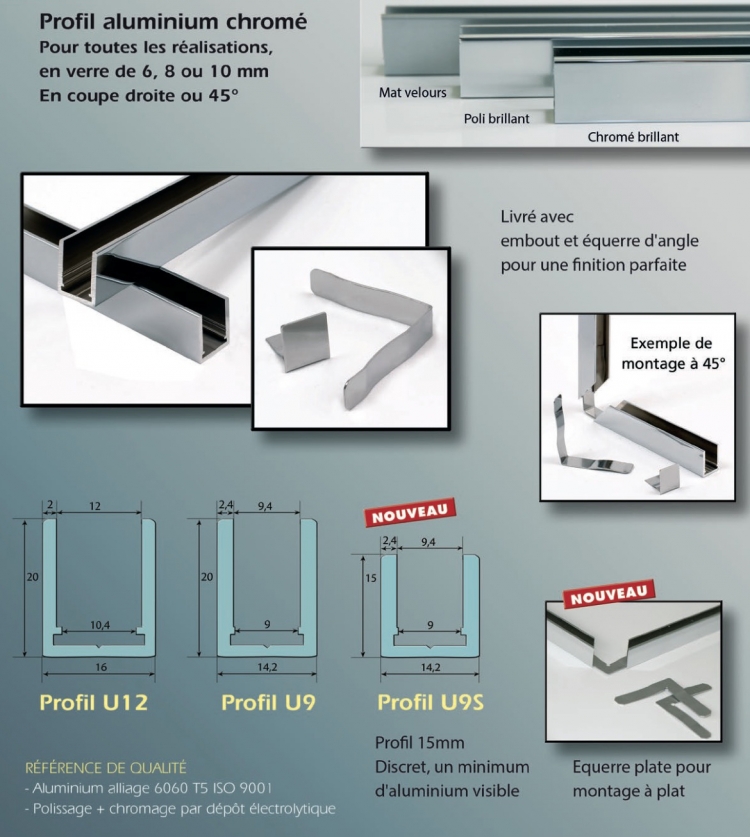 Profil U9S alu chromé brillant avec 2 embouts et 1 équerre longueur de 3m