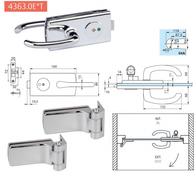 Kit Serrure Lagune et Paumelles Chrom&eacute; Mat pour Porte Clarit 8mm (avec loquet WC) - TIRANT GAUCHE