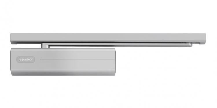 GROOM FERME-PORTE AVEC ARRET REGLABLE ET CAVALIER POUR PORTE EN VERRE - LAQUE ARGENT