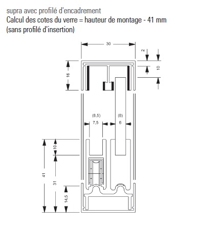 Ensemble Vitris supra 5m (2x2m50) pour 4 portes coulissantes de vitrine verre 6mm