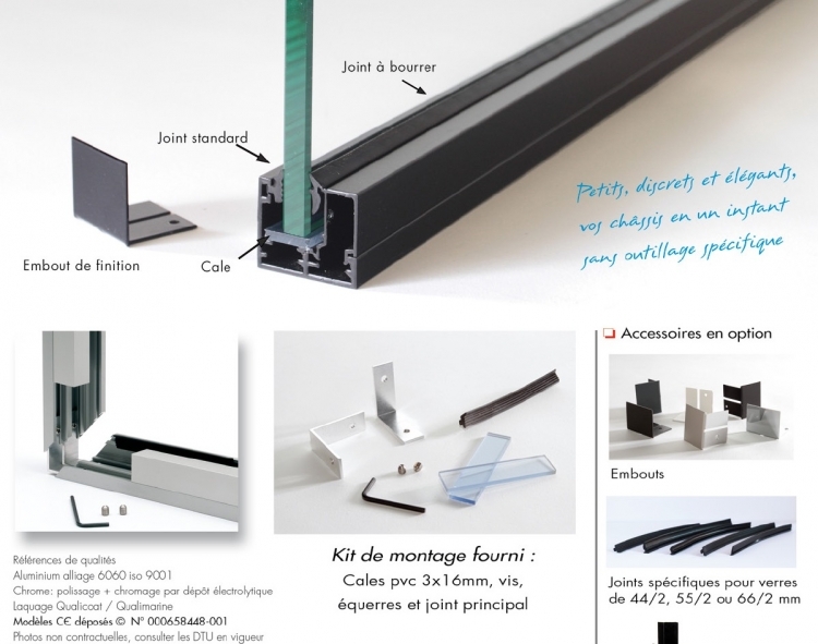 photo info Profil F317 (F300) Anodisé Argent Satiné 2.5ml pour verre sur châssis fixe en cloison