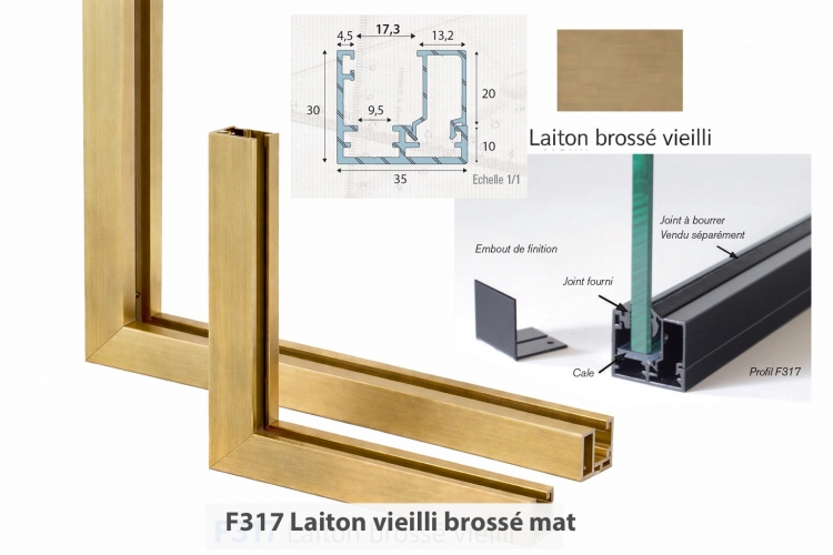 photo info Profil F317 aspect laiton vieilli bross&eacute; mat en 2x2m50 pour verre sur chassis fixe en cloison