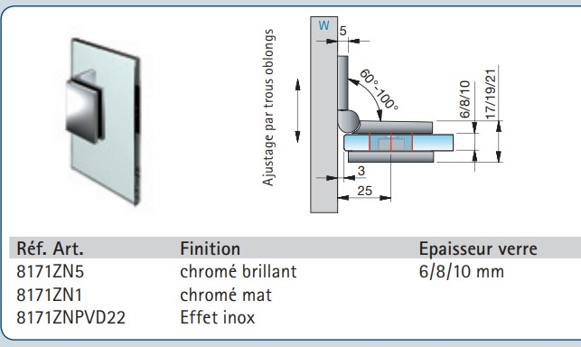 photo info Connecteur d'angle variable de paroi de verre 6/8/10mm - Chromé mat