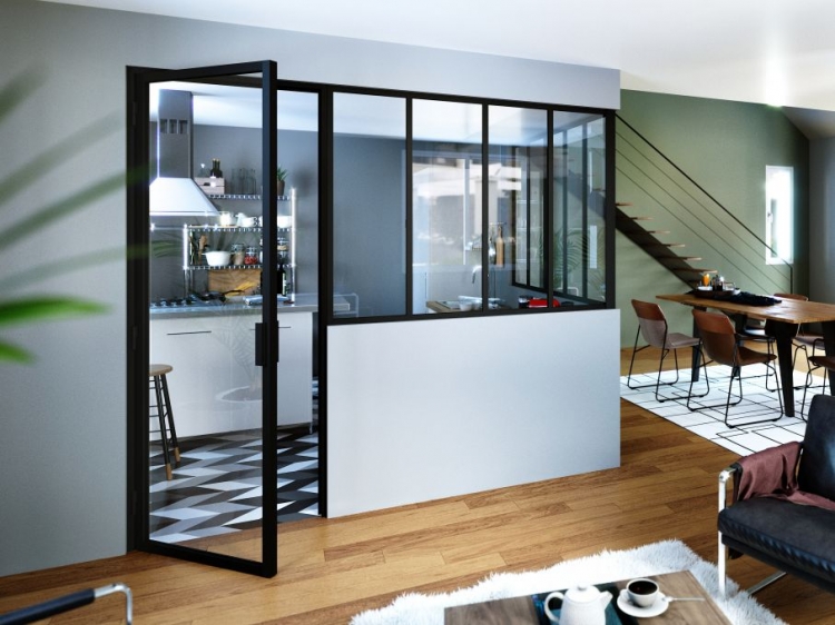 Porte simple battante carreaux verticaux et sous bassement noir RAL9005