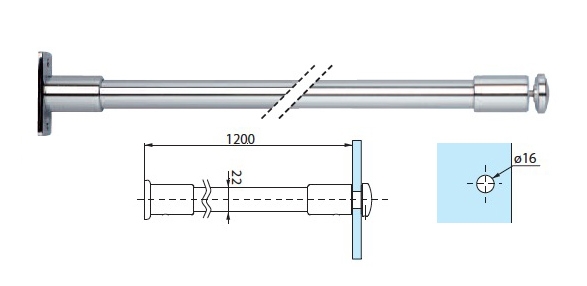 photo info Barre raidisseur mur/verre avec trou Chromé Brillant 1200mm