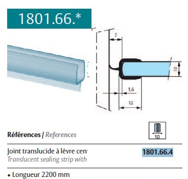 Joint translucide à lèvre centrale pour verre 10mm ref. 1801.66.4 (2200mm)  [ref. STR-1801.66.4] AssaAbloy-Stremler : 27.60 €