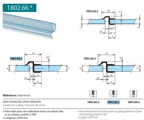 photo info Joint translucide porte/fixe ref 1802.66.3 (pour portes de douches 8mm) 2200mm