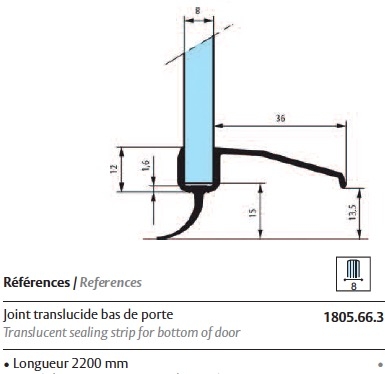 Joint translucide bas de porte en verre 8mm longueur 2200mm [ref