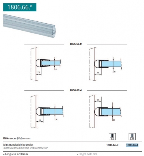 photo info Joint bourrelet pour verre 8-10mm ref 1806.66.4 (étanchéité mur/porte de douche) 2200mm