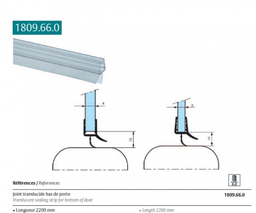 Joint translucide bas de porte Stremler ref. 1809.66.0 (pour douche) 2200mm  [ref. STR-1809.66.0] AssaAbloy-Stremler : 40.30 €