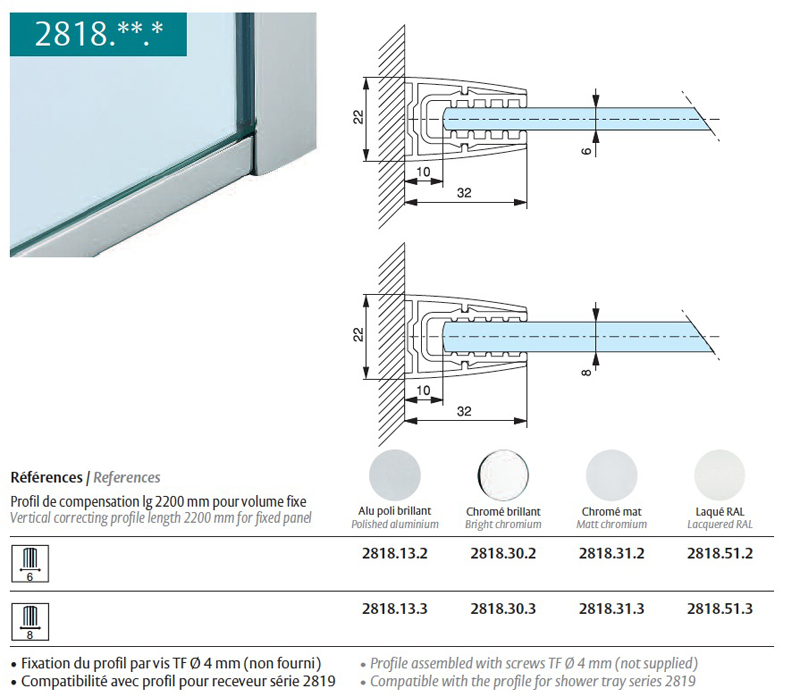 photo info Profil de compensation Chromé Mat lg2200mm pour volume fixe 8mm ref.2818.31.3