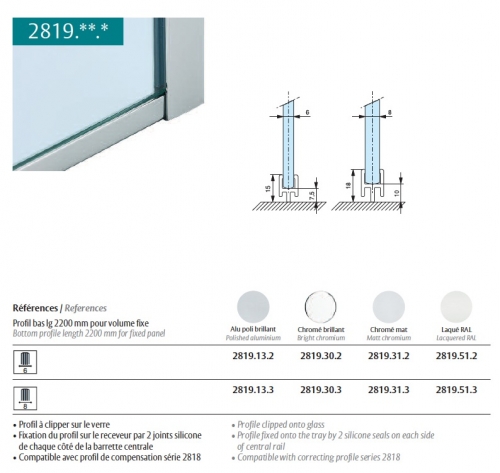 Profil bas Chrom&eacute; brillant lg2200mm pour volume fixe 8mm ref.2819.30.3