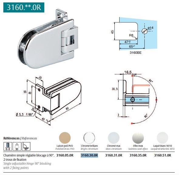 Charnière Maréva Chromé brillant ref 3160.30.0R (pour douche)