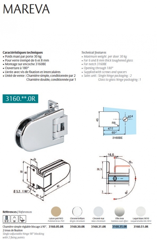 Charni&egrave;re Mar&eacute;va effet inox ref 3160.35.0RCV (pour douche)