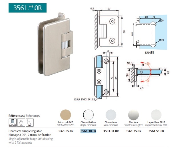 2 Charnières Mélora effet inox brossé pour porte 8,10 ou 12mm