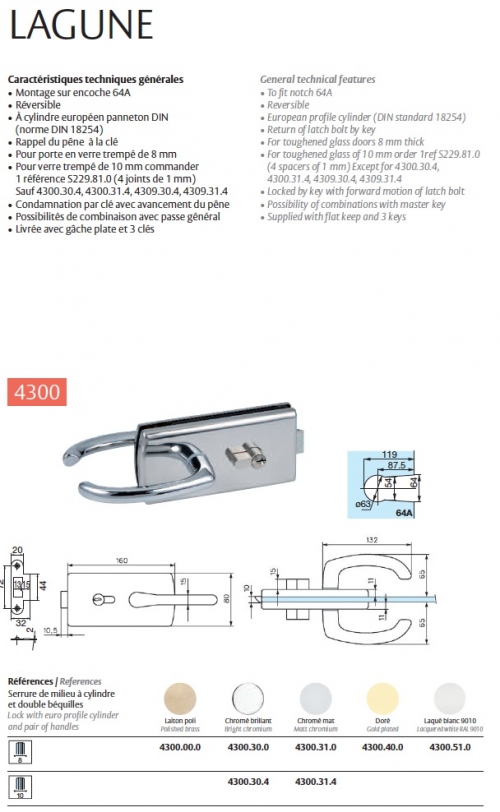 Serrure de mileu &agrave; cylindre et double b&eacute;quille LAGUNE chrom&eacute; brillant pour porte Clarit