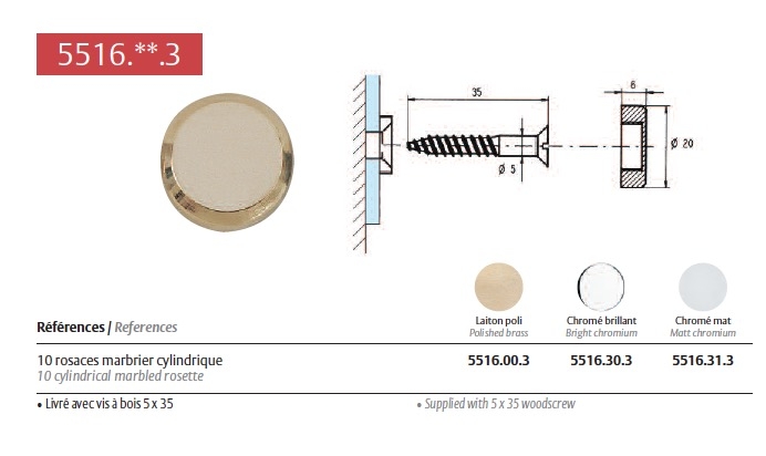 Rosace marbrier cylindrique chromé brillant pour fixation de miroir, verre et crédence