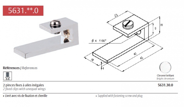 2 supports tablettes chromé brillant pour verre 6 à 8mm