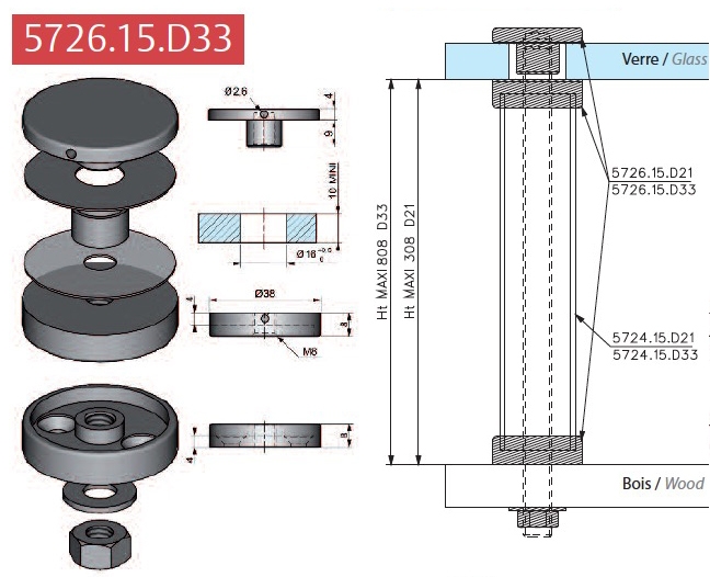 photo info Ensemble de fixation pour entretoise tête plate diamètre 33mm