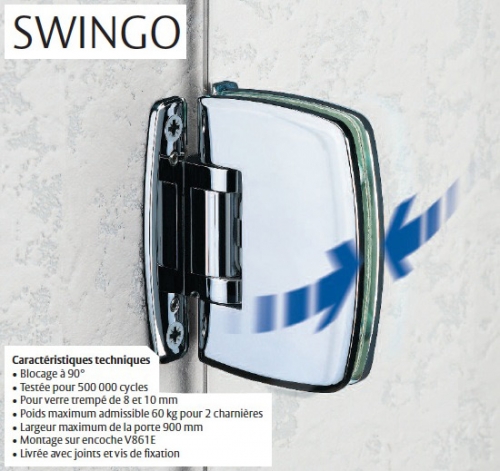 photo info Charnière mur/verre SWINGO 180 degre chromé brillant pour porte Sécurit 8mm