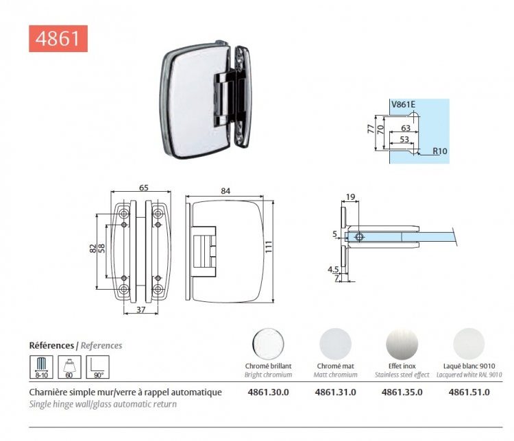 2 Charnières mur/verre SWINGO 180 degre chromé MAT pour porte Sécurit 8mm