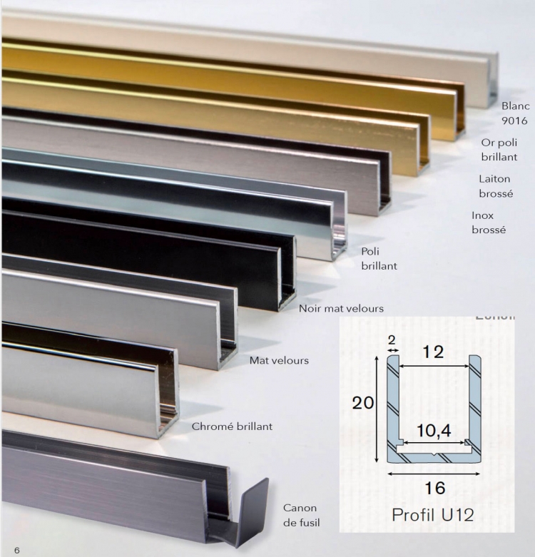 photo info Profil U12 alu aspect acier canon de fusil avec embout et &eacute;querre longueur de 3m pour verre 10mm