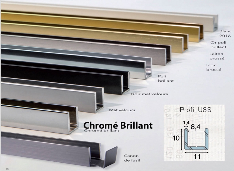 photo info Profil U8S alu chrom&eacute; brillant avec embout et &eacute;querre longueur de 3m