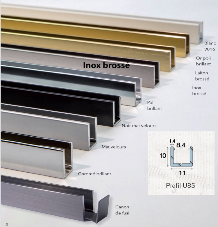 photo info Profil U8S alu aspect Inox bross&eacute; avec embout et &eacute;querre longueur de 3m