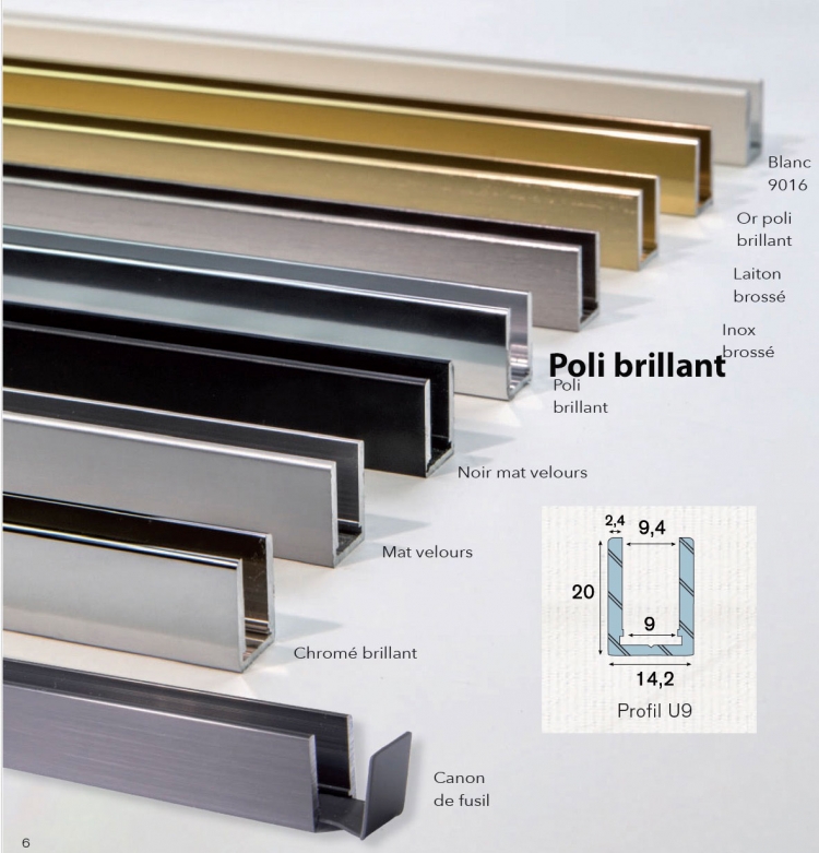 photo info Profil U9 alu Poli brillant avec embouts et &eacute;querre longueur de 3m