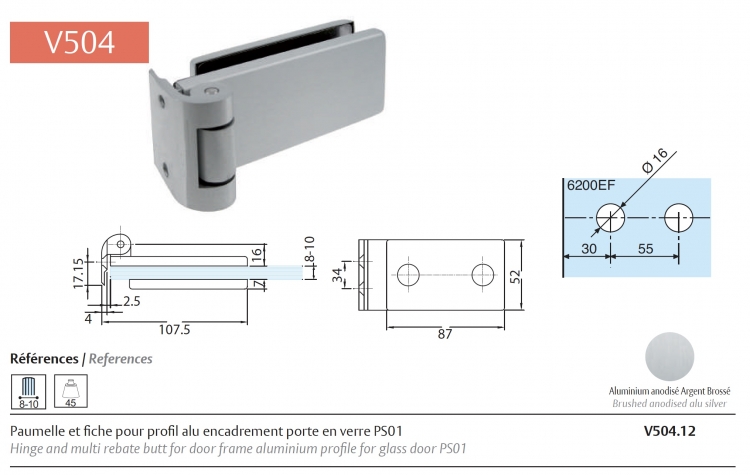 2 Paumelles V504 pour Porte Clarit dans bâti Doorframe PS01 [ref