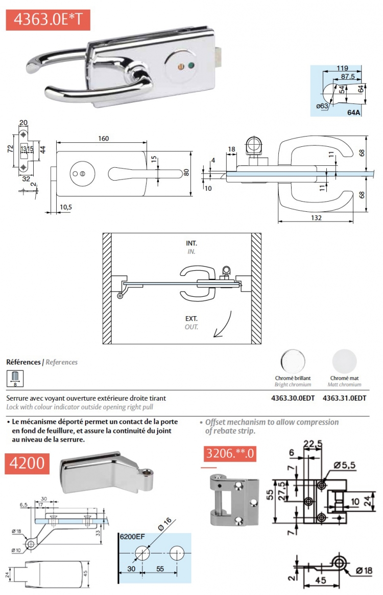 Kit quincaillerie Lagune chromé brillant pour Porte Clarit 8mm wc salle de bain