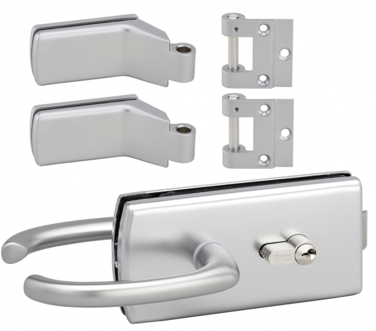 Kit Serrure et 2 paumelles Lagune chrom&eacute; MAT pour Porte Clarit &eacute;paisseur 8mm (avec serrure et cl&eacute;)