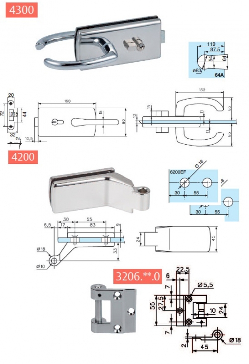 photo info Kit quincaillerie Lagune chromé brillant pour Porte Clarit 8mm (avec serrure et clé) 