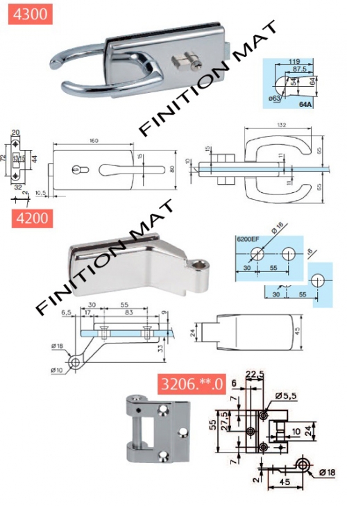 photo info Kit quincaillerie Lagune chromé Mat pour Porte Clarit 8mm ( sans serrure sans clé sans fiches)