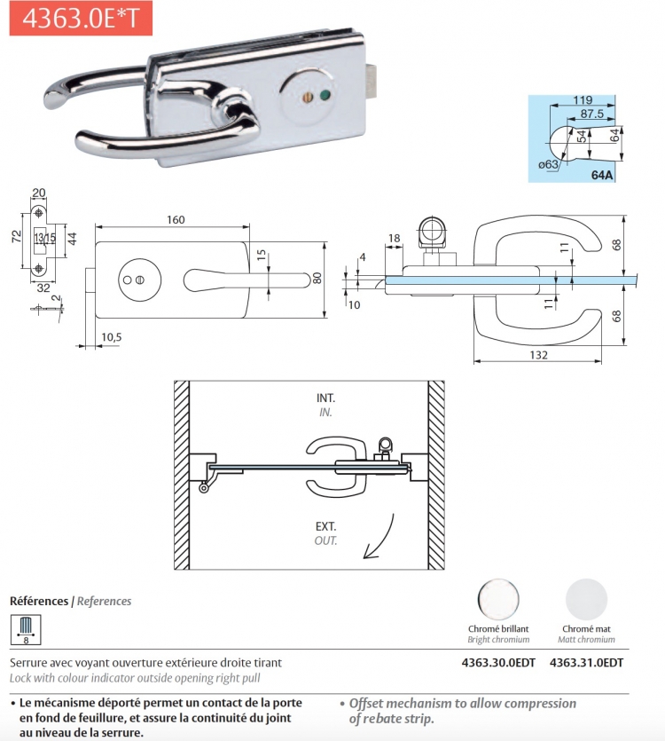 photo info Kit Serrure Lagune chromé brillant pour Porte Clarit 8mm (avec loquet WC)