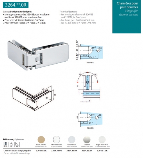 photo info 2 Charnières chromé brillant, double d'angle pour pare douche (pour Verre Sécurit 8mm avec encoches 3260BE)