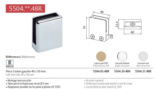 photo info Pince Chromé brillant talon gauche pour Verre Sécurit 8mm (fixation de paroi de douche sans percement du verre)