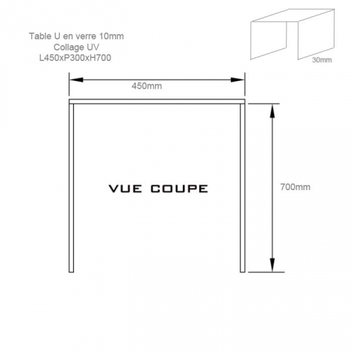 photo info Table U en verre Extraclair 10mm par collage UV 450x300x700