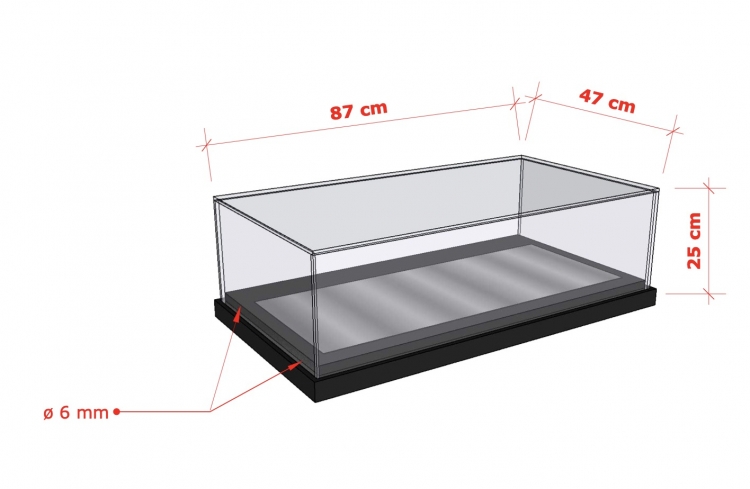 Cloche 5 faces 870 x 470 x 250 - Verre anti reflet extraclair tremp&eacute; 8mm collage UV en chanfrein 45 et 4 trous 8mm