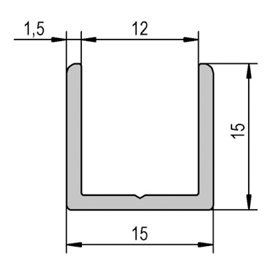 photo info Profil U12 de 15x15mm pour verre 10mm. Aspect alu poli brillant. Longueur 2500mm