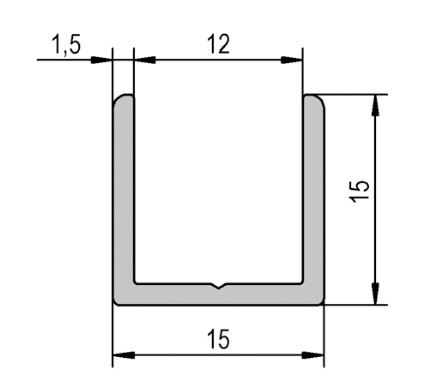 photo info Profil U12 de 15x15mm pour verre 10mm. Aspect Noir anodisé. Longueur 2500mm