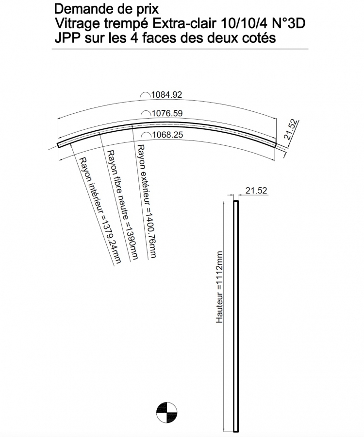 photo info Verre feuillet&eacute; 55.2 bomb&eacute; recuit Longueur 2550mm x corde 1000mm fleche 300mm - Hors emballage